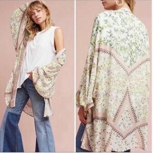 Anthropologie Blank London white gauze multicolor floral coverup kimono top O/S